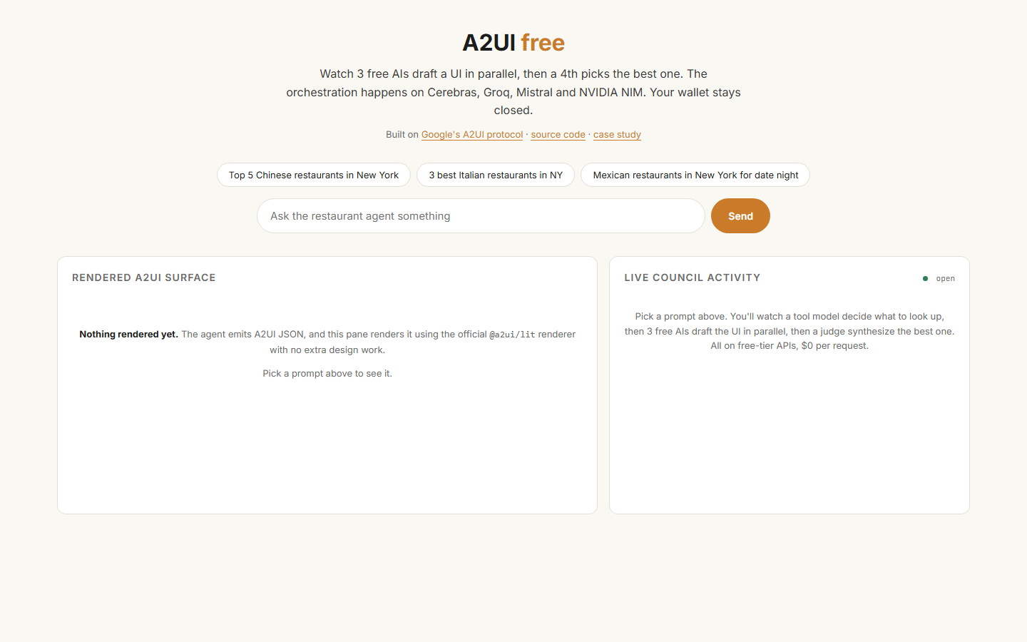 a2ui-free landing, before any query