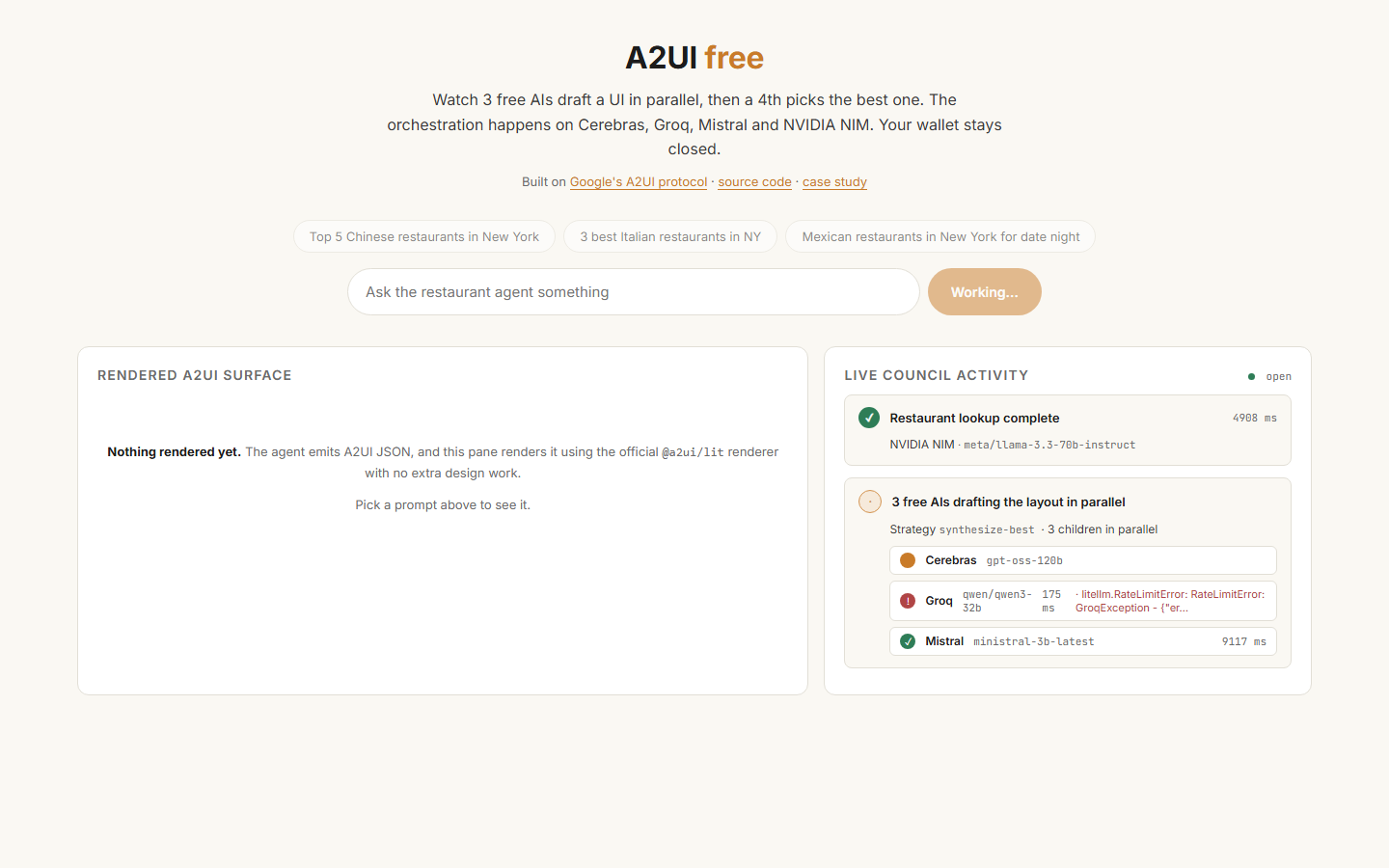 The council activity panel from a2ui-free, captured live